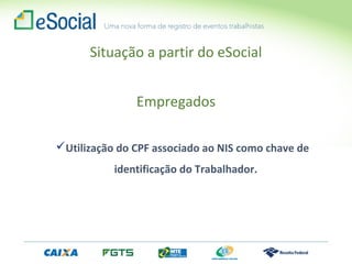 Situação a partir do eSocial
Empregados
Utilização do CPF associado ao NIS como chave de
identificação do Trabalhador.
 
