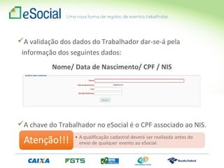 A validação dos dados do Trabalhador dar-se-á pela
informação dos seguintes dados:
Nome/ Data de Nascimento/ CPF / NIS
A chave do Trabalhador no eSocial é o CPF associado ao NIS.
 