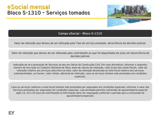 eSocial mensal

Bloco S-1310 – Serviços tomados

Campo eSocial – Bloco S-1310
Valor da retenção que deixou de ser efetuada pelo Tipo de serviço prestado. decorrência da decisão judicial.

Valor da retenção que deixou de ser efetuada pelo contratante ou que foi depositada em juízo em decorrência da
decisão judicial.
Indicação de se a prestação de Serviços se deu em Obras de Construção Civil. Em caso afirmativo, informar o seguinte:
número de inscrição no Cadastro Nacional de Obra, base de cálculo da retenção, valor bruto das notas fiscais, valor da
retenção relativo aos serviços descritos na nota, valor da retenção destacada na nota fiscal relativo aos serviços
subempreitados, se houver, valor retido, adicional de retenção, caso os serviços tenham sido prestados em condições
especiais.

Caso os serviços relativos a nota fiscal tenham sido prestados por segurados em condições especiais, informar o valor dos
Serviços prestados por segurados em condições especiais, cuja atividade permita concessão de aposentadoria especial
após 15, 20 e 25 anos de contribuição (a informação deve ser segregada conforme o período para a concessão de
aposentadoria especial).

 