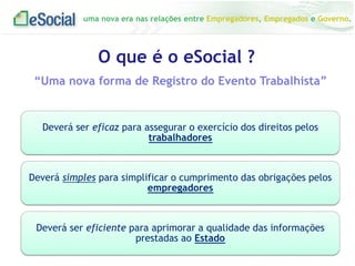 uma nova era nas relações entre Empregadores, Empregados e Governo.
O que é o eSocial ?
Deverá ser eficaz para assegurar o exercício dos direitos pelos
trabalhadores
Deverá simples para simplificar o cumprimento das obrigações pelos
empregadores
Deverá ser eficiente para aprimorar a qualidade das informações
prestadas ao Estado
“Uma nova forma de Registro do Evento Trabalhista”
 