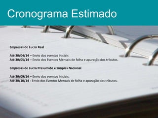 Cronograma Estimado
Empresas do Lucro Real
Até 30/04/14 – Envio dos eventos iniciais
Até 30/05/14 – Envio dos Eventos Mensais de folha e apuração dos tributos.
Empresas de Lucro Presumido e Simples Nacional
Até 30/09/14 – Envio dos eventos iniciais.
Até 30/10/14 - Envio dos Eventos Mensais de folha e apuração dos tributos.

 