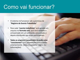 Como vai funcionar?
• O sistema irá funcionar sob a premissa de
“Registro de Evento Trabalhista”
• Para cada “evento trabalhista” será gerado um
arquivo no formato xml, que será validado e
armazenado em um ambiente consorciado e
depois distribuído aos entes participantes.
• Todos os arquivos transmitidos deverão estar
“consistentes” com informações transmitidas
anteriormente. (Sequenciamento Lógico das
Informações)

 