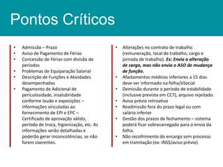 Pontos Críticos
•
•
•
•
•
•

Admissão – Prazo
Aviso de Pagamento de Férias
Concessão de Férias com divisão de
períodos
Problemas de Equiparação Salarial
Descrição de Funções e Atividades
desempenhadas
Pagamento de Adicional de
periculosidade, insalubridade
conforme laudo e exposições –
informações vinculadas ao
fornecimento de EPI e EPC –
Certificado de aprovação válido,
período de troca, higienização, etc. As
informações serão detalhadas e
poderão gerar inconsistências, se não
forem coerentes.

•

•
•
•
•

•
•

Alterações no contrato de trabalho
(remuneração, local de trabalho, cargo e
jornada de trabalho). Ex: Envia a alteração
de cargo, mas não envia o ASO de mudança
de função.
Afastamentos médicos inferiores a 15 dias
deve ser informado na folha/eSocial
Demissão durante o período de estabilidade
(inclusive prevista em CCT), arquivo rejeitado.
Aviso prévio retroativo
Readmissão fora do prazo legal ou com
salário inferior
Gestão dos prazos de fechamento – sistema
poderá ficar sobrecarregado para o envio da
folha.
Não recolhimento do encargo sem processo
em tramitação (ex: INSS/aviso prévio).

 