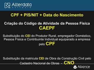 CPF + PIS/NIT + Data do Nascimento
Criação do Código de Atividade da Pessoa Física
CAEPF
Substituição do CEI do Produtor Rural, empregador Doméstico,
Pessoa Física e Contribuinte Individual equiparado a empresa
pelo CPF
Substituição da matricula CEI de Obra da Construção Civil pelo
Cadastro Nacional de Obras - CNO
 