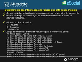  Informar o código atribuído pela empresa da rubrica na sua folha de pagamento.
 Informar o código de classificação da rubrica de acordo com a Tabela de
Natureza da Rubrica.
 Indicativo do tipo de rubrica:
P - Provento
D - Desconto
I - Informativa
 Código de incidência tributária da rubrica para a Previdência Social:
00 - Não é Base de Cálculo;
11 - Base de Cálculo do Salário de Contribuição Mensal
12 - Base de Cálculo da Contrib. Prev. sobre 13o Salário
21 - Base de Cálculo da Contrib. Prev. Sal. Maternidade
22 - Base de Cálculo da Contrib. Prev. Sal. Maternidade - 13º Salário
31 - Contribuição Descontada do Segurado
32 - Contribuição Descontada do Segurado - 13o Salário
33 - Contribuição Descontada do Segurado - SEST
34 - Contribuição Descontada do Segurado - SENAT
51 - Salário-Família
91 - Incid. suspensa em decorrência de decisão judicial (BC SC Mensal)
92 - Incid. suspensa em decorrência de decisão judicial (BC 13º Salário)
Detalhamento das informações da rubrica que está sendo incluída
 