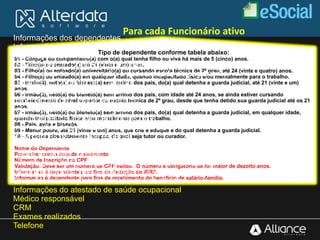 Tipo de dependente conforme tabela abaixo:
01 - Cônjuge ou companheiro(a) com o(a) qual tenha filho ou viva há mais de 5 (cinco) anos.
02 - Filho(a) ou enteado(a) até 21 (vinte e um) anos.
03 - Filho(a) ou enteado(a) universitário(a) ou cursando escola técnica de 2º grau, até 24 (vinte e quatro) anos.
04 - Filho(a) ou enteado(a) em qualquer idade, quando incapacitado física e/ou mentalmente para o trabalho.
05 - Irmão(ã), neto(a) ou bisneto(a) sem arrimo dos pais, do(a) qual detenha a guarda judicial, até 21 (vinte e um)
anos.
06 - Irmão(ã), neto(a) ou bisneto(a) sem arrimo dos pais, com idade até 24 anos, se ainda estiver cursando
estabelecimento de nível superior ou escola técnica de 2º grau, desde que tenha detido sua guarda judicial até os 21
anos.
07 - Irmão(ã), neto(a) ou bisneto(a) sem arrimo dos pais, do(a) qual detenha a guarda judicial, em qualquer idade,
quando incapacitado física e/ou mentalmente para o trabalho.
08 - Pais, avós e bisavós.
09 - Menor pobre, até 21 (vinte e um) anos, que crie e eduque e do qual detenha a guarda judicial.
10 - A pessoa absolutamente incapaz, da qual seja tutor ou curador.
Nome do Dependente
Preencher com a data de nascimento
Número de Inscrição no CPF
Validação: Deve ser um número de CPF válido. O número é obrigatório se for maior de dezoito anos.
Informar se é dependente para fins de dedução do IRRF.
Informar se é dependente para fins de recebimento do benefício de salário-família.
Informações dos dependentes
Informações de Contato
Informações do Vínculo
Informações do Contrato de Trabalho
Informações da remuneração e periodicidade de pagamento
Duração do Contrato de Trabalho
Informações do local de trabalho
Informações da jornada de trabalho
Informações da Jornada Regular
Informações de Jornada em turnos fixos
Informações da jornada em turnos flexíveis
Informações da Jornada especial
Filiação Sindical do Trabalhador
Dados do Alvará Judicial
Informações do Fundo de Garantia por Tempo de Serviço
Grupo de informações da sucessão de vínculo trabalhista
Grupo de informações de cessão de trabalhador
Informações do atestado de saúde ocupacional
Médico responsável
CRM
Exames realizados
Telefone
Para cada Funcionário ativo
 