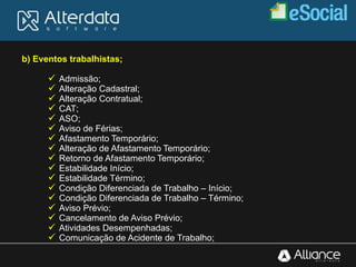b) Eventos trabalhistas;
 Admissão;
 Alteração Cadastral;
 Alteração Contratual;
 CAT;
 ASO;
 Aviso de Férias;
 Afastamento Temporário;
 Alteração de Afastamento Temporário;
 Retorno de Afastamento Temporário;
 Estabilidade Início;
 Estabilidade Término;
 Condição Diferenciada de Trabalho – Início;
 Condição Diferenciada de Trabalho – Término;
 Aviso Prévio;
 Cancelamento de Aviso Prévio;
 Atividades Desempenhadas;
 Comunicação de Acidente de Trabalho;
 