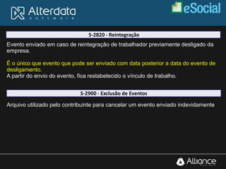 S-2820 - Reintegração
Evento enviado em caso de reintegração de trabalhador previamente desligado da
empresa.
É o único que evento que pode ser enviado com data posterior a data do evento de
desligamento.
A partir do envio do evento, fica restabelecido o vínculo de trabalho.
S-2900 - Exclusão de Eventos
Arquivo utilizado pelo contribuinte para cancelar um evento enviado indevidamente
 