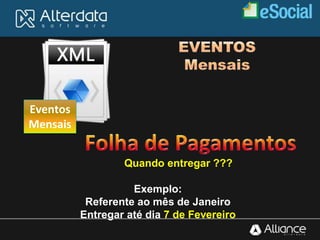 Eventos
Mensais
Exemplo:
Referente ao mês de Janeiro
Entregar até dia 7 de Fevereiro
Quando entregar ???
 
