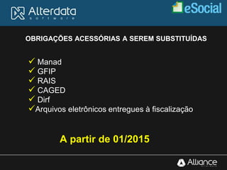 OBRIGAÇÕES ACESSÓRIAS A SEREM SUBSTITUÍDAS
 Manad
 GFIP
 RAIS
 CAGED
 Dirf
Arquivos eletrônicos entregues à fiscalização
A partir de 01/2015
 