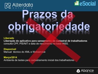 Liberado
Liberação do aplicativo para saneamento do cadastral de trabalhadores
consulta CPF, PIS/NIT e data de nascimento na base INSS.
Disponível
Manual técnico do XML e Webservice
Março/2014
Ambiente de testes para cadastramento inicial dos trabalhadores
 