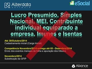 Até 30/Outubro/2014
Cadastramento inicial (Carga Inicial)
Competência Novembro/2014 entrega até 05 - Dezembro/2014
Envio dos eventos mensais de folha e apuração dos tributos
Novembro/2014
Substituição da GFIP
 