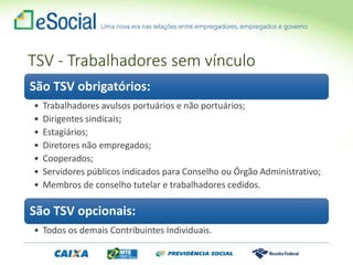 São TSV obrigatórios:
• Trabalhadores avulsos portuários e não portuários;
• Dirigentes sindicais;
• Estagiários;
• Diretores não empregados;
• Cooperados;
• Servidores públicos indicados para Conselho ou Órgão Administrativo;
• Membros de conselho tutelar e trabalhadores cedidos.
São TSV opcionais:
• Todos os demais Contribuintes Individuais.
TSV - Trabalhadores sem vínculo
 