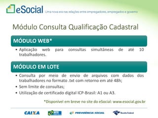MÓDULO WEB*
• Aplicação web para consultas simultâneas de até 10
trabalhadores.
MÓDULO EM LOTE
• Consulta por meio de envio de arquivos com dados dos
trabalhadores no formato .txt com retorno em até 48h;
• Sem limite de consultas;
• Utilização de certificado digital ICP-Brasil: A1 ou A3.
Módulo Consulta Qualificação Cadastral
*Disponível em breve no site do eSocial: www.esocial.gov.br
 