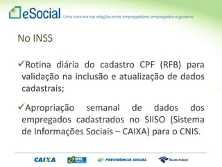No INSS
Rotina diária do cadastro CPF (RFB) para
validação na inclusão e atualização de dados
cadastrais;
Apropriação semanal de dados dos
empregados cadastrados no SIISO (Sistema
de Informações Sociais – CAIXA) para o CNIS.
 
