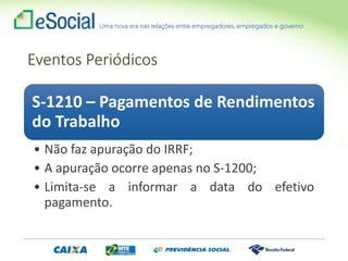 Eventos Periódicos
S-1210 – Pagamentos de Rendimentos
do Trabalho
• Não faz apuração do IRRF;
• A apuração ocorre apenas no S-1200;
• Limita-se a informar a data do efetivo
pagamento.
 