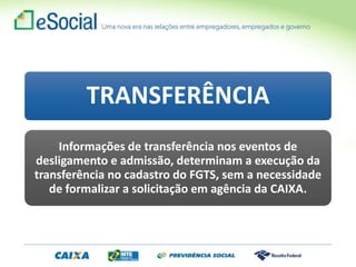 TRANSFERÊNCIA
Informações de transferência nos eventos de
desligamento e admissão, determinam a execução da
transferência no cadastro do FGTS, sem a necessidade
de formalizar a solicitação em agência da CAIXA.
 