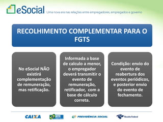 RECOLHIMENTO COMPLEMENTAR PARA O
FGTS
No eSocial NÃO
existirá
complementação
de remuneração,
mas retificação.
Informada a base
de calculo a menor,
o empregador
deverá transmitir o
evento de
remuneração,
retificador, com a
base de cálculo
correta.
Condição: envio do
evento de
reabertura dos
eventos periódicos,
e posterior envio
do evento de
fechamento.
 