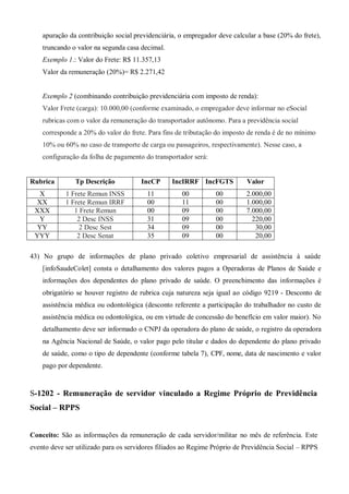 apuração da contribuição social previdenciária, o empregador deve calcular a base (20% do frete),
truncando o valor na segunda casa decimal.
Exemplo 1.: Valor do Frete: R$ 11.357,13
Valor da remuneração (20%)= R$ 2.271,42
Exemplo 2 (combinando contribuição previdenciária com imposto de renda):
Valor Frete (carga): 10.000,00 (conforme examinado, o empregador deve informar no eSocial
rubricas com o valor da remuneração do transportador autônomo. Para a previdência social
corresponde a 20% do valor do frete. Para fins de tributação do imposto de renda é de no mínimo
10% ou 60% no caso de transporte de carga ou passageiros, respectivamente). Nesse caso, a
configuração da folha de pagamento do transportador será:
Rubrica Tp Descrição IncCP IncIRRF IncFGTS Valor
X 1 Frete Remun INSS 11 00 00 2.000,00
XX 1 Frete Remun IRRF 00 11 00 1.000,00
XXX 1 Frete Remun 00 09 00 7.000,00
Y 2 Desc INSS 31 09 00 220,00
YY 2 Desc Sest 34 09 00 30,00
YYY 2 Desc Senat 35 09 00 20,00
43) No grupo de informações de plano privado coletivo empresarial de assistência à saúde
[infoSaudeColet] consta o detalhamento dos valores pagos a Operadoras de Planos de Saúde e
informações dos dependentes do plano privado de saúde. O preenchimento das informações é
obrigatório se houver registro de rubrica cuja natureza seja igual ao código 9219 - Desconto de
assistência médica ou odontológica (desconto referente a participação do trabalhador no custo de
assistência médica ou odontológica, ou em virtude de concessão do benefício em valor maior). No
detalhamento deve ser informado o CNPJ da operadora do plano de saúde, o registro da operadora
na Agência Nacional de Saúde, o valor pago pelo titular e dados do dependente do plano privado
de saúde, como o tipo de dependente (conforme tabela 7), CPF, nome, data de nascimento e valor
pago por dependente.
S-1202 - Remuneração de servidor vinculado a Regime Próprio de Previdência
Social – RPPS
Conceito: São as informações da remuneração de cada servidor/militar no mês de referência. Este
evento deve ser utilizado para os servidores filiados ao Regime Próprio de Previdência Social – RPPS
 