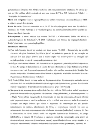 pertencentes as categorias 301, 303 (sub judice no STF para parlamentares estaduais), 305 (desde que
seja servidor público efetivo oriundo de ente que possua RPPS) e 307 (Militar) da Tabela 1 –
“Categorias de Trabalhadores”.
Quem está obrigado: Todos os órgãos públicos que tenham remunerado servidores filiados ao RPPS
e militares no mês de referência.
Prazo de envio: Deve ser transmitido até o dia 07 do mês subsequente ao do mês de referência
informado no evento. Antecipa-se o vencimento para o dia útil imediatamente anterior quando não
houver expediente bancário.
Pré-requisitos: o envio anterior dos eventos “S-2200 – Cadastramento Inicial do Vículo e
Admissão/Ingresso do Trabalhador”, "S-2300 -Trabalhador Sem Vínculo de Emprego/Estatutário -
Início" e tabelas do empregador/órgão público.
Informações adicionais:
1) Para cada Servidor deverá ser enviado um único evento “S-1202 – Remuneração de servidor
vinculado a Regime Próprio de Previdência Social” no período de apuração. Se, por exemplo, um
servidor tiver dois cargos efetivos com o mesmo órgão e no mesmo período de apuração, será
enviado um único evento de remuneração para esteservidor.
2) O Órgão Público deve informar cada demonstrativo de pagamento (contracheque/holerites) emitido
no mês. No campo de demonstrativo de valores devidos {ideDmDev} o Órgão Público deve atribuir
um número para cada demonstrativo em que ele estiver informando a remuneração do Servidor. Este
mesmo número será utilizado quando ele for efetuar o pagamento ao servidor no evento “S-1210 –
Pagamentos de Rendimentos do Trabalho”.
3) O Órgão Público deverá registrar cada um dos demonstrativos de pagamentos realizados para o
servidor e deve ser atribuído um identificador único para cada demonstrativo, por mês de referência,
inclusive pagamentos de períodos anteriores lançados no grupo [infoPerAnt].
4) Na apuração da remuneração mensal total do Servidor, o Órgão Público deve atribuir um número
para cada demonstrativo de pagamento e informar no campo [ideDmDev], o número respectivo. Se
o Órgão Público efetua o pagamento da remuneração em mais de uma parcela, ele deve informar
cada pagamento com as rubricas referentes a ele e atribuir um número a cada demonstrativo.
Exemplo: um Órgão Público que efetuar o pagamento da remuneração em três parcelas
(adiantamento de salários, adiantamento de férias, e contracheque mensal). No caso do
adiantamento, deve emitir um demonstrativo e informar, no campo [ideDmDev], o número 01. Para
o adiantamento de férias, deverá emitir um segundo demonstrativo informando, no campo
[ideDmDev], o número 02. Concluindo a apuração mensal da remuneração, deve emitir um
demonstrativo de pagamento (contracheque mensal), consolidando todos os valores devidos e as
deduções, informando no campo de demonstrativo de valores devidos {ideDmDev} o número 03.
 