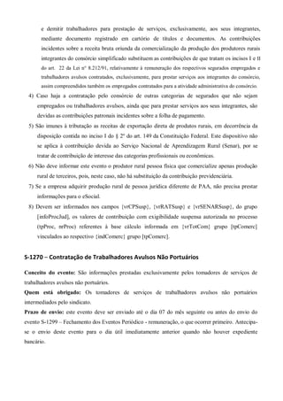 e demitir trabalhadores para prestação de serviços, exclusivamente, aos seus integrantes,
mediante documento registrado em cartório de títulos e documentos. As contribuições
incidentes sobre a receita bruta oriunda da comercialização da produção dos produtores rurais
integrantes do consórcio simplificado substituem as contribuições de que tratam os incisos I e II
do art. 22 da Lei n° 8.212/91, relativamente à remuneração dos respectivos segurados empregados e
trabalhadores avulsos contratados, exclusivamente, para prestar serviços aos integrantes do consórcio,
assim compreendidos também os empregados contratados para a atividade administrativa do consórcio.
 Caso haja a contratação pelo consórcio de outras categorias de segurados que não sejam
empregados ou trabalhadores avulsos, ainda que para prestar serviços aos seus integrantes, são
devidas as contribuições patronais incidentes sobre a folha de pagamento.
 São imunes à tributação as receitas de exportação direta de produtos rurais, em decorrência da
disposição contida no inciso I do § 2º do art. 149 da Constituição Federal. Este dispositivo não
se aplica à contribuição devida ao Serviço Nacional de Aprendizagem Rural (Senar), por se
tratar de contribuição de interesse das categorias profissionais ou econômicas.
 Não deve informar este evento o produtor rural pessoa física que comercialize apenas produção
rural de terceiros, pois, neste caso, não há substituição da contribuição previdenciária.
 Se a empresa adquirir produção rural de pessoa jurídica diferente de PAA, não precisa prestar
informações para o eSocial.
 Devem ser informados nos campos {vrCPSusp}, {vrRATSusp} e {vrSENARSusp}, do grupo
[infoProcJud], os valores de contribuição com exigibilidade suspensa autorizada no processo
(tpProc, nrProc) referentes à base cálculo informada em {vrTotCom} grupo [tpComerc]
vinculados ao respectivo {indComerc} grupo [tpComerc].
S-1270 – Contratação de Trabalhadores Avulsos Não Portuários
Conceito do evento: São informações prestadas exclusivamente pelos tomadores de serviços de
trabalhadores avulsos não portuários.
Quem está obrigado: Os tomadores de serviços de trabalhadores avulsos não portuários
intermediados pelo sindicato.
Prazo de envio: este evento deve ser enviado até o dia 07 do mês seguinte ou antes do envio do
evento S-1299 – Fechamento dos Eventos Periódico - remuneração, o que ocorrer primeiro. Antecipa-
se o envio deste evento para o dia útil imediatamente anterior quando não houver expediente
bancário.
 