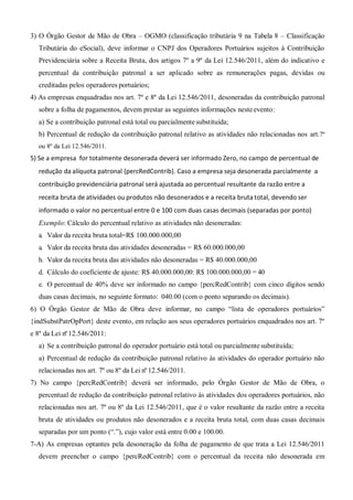 3) O Órgão Gestor de Mão de Obra – OGMO (classificação tributária 9 na Tabela 8 – Classificação
Tributária do eSocial), deve informar o CNPJ dos Operadores Portuários sujeitos à Contribuição
Previdenciária sobre a Receita Bruta, dos artigos 7º a 9º da Lei 12.546/2011, além do indicativo e
percentual da contribuição patronal a ser aplicado sobre as remunerações pagas, devidas ou
creditadas pelos operadores portuários;
4) As empresas enquadradas nos art. 7º e 8º da Lei 12.546/2011, desoneradas da contribuição patronal
sobre a folha de pagamentos, devem prestar as seguintes informações nesteevento:
a) Se a contribuição patronal está total ou parcialmentesubstituída;
b) Percentual de redução da contribuição patronal relativo as atividades não relacionadas nos art.7º
ou 8º da Lei 12.546/2011.
5) Se a empresa for totalmente desonerada deverá ser informado Zero, no campo de percentual de
redução da alíquota patronal {percRedContrib}. Caso a empresa seja desonerada parcialmente a
contribuição previdenciária patronal será ajustada ao percentual resultante da razão entre a
receita bruta de atividades ou produtos não desonerados e a receita bruta total, devendo ser
informado o valor no percentual entre 0 e 100 com duas casas decimais (separadas por ponto)
Exemplo: Cálculo do percentual relativo as atividades não desoneradas:
a. Valor da receita bruta total=R$ 100.000.000,00
a. Valor da receita bruta das atividades desoneradas = R$ 60.000.000,00
b. Valor da receita bruta das atividades não desoneradas = R$ 40.000.000,00
d. Cálculo do coeficiente de ajuste: R$ 40.000.000,00: R$ 100.000.000,00 = 40
e. O percentual de 40% deve ser informado no campo {percRedContrib} com cinco dígitos sendo
duas casas decimais, no seguinte formato: 040.00 (com o ponto separando os decimais).
6) O Órgão Gestor de Mão de Obra deve informar, no campo “lista de operadores portuários”
{indSubstPatrOpPort} deste evento, em relação aos seus operadores portuários enquadrados nos art. 7º
e 8º da Lei nº 12.546/2011:
a) Se a contribuição patronal do operador portuário está total ou parcialmentesubstituída;
a) Percentual de redução da contribuição patronal relativo às atividades do operador portuário não
relacionadas nos art. 7º ou 8º da Lei nº12.546/2011.
7) No campo {percRedContrib} deverá ser informado, pelo Órgão Gestor de Mão de Obra, o
percentual de redução da contribuição patronal relativo às atividades dos operadores portuários, não
relacionadas nos art. 7º ou 8º da Lei 12.546/2011, que é o valor resultante da razão entre a receita
bruta de atividades ou produtos não desonerados e a receita bruta total, com duas casas decimais
separadas por um ponto (“.”), cujo valor está entre 0.00 e 100.00.
7-A) As empresas optantes pela desoneração da folha de pagamento de que trata a Lei 12.546/2011
devem preencher o campo {percRedContrib} com o percentual da receita não desonerada em
 