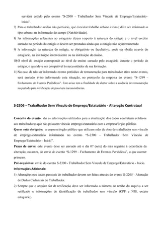 servidor cedido pelo evento “S-2300 – Trabalhador Sem Vínculo de Emprego/Estatutário–
Início”.
7) Para o trabalhador avulso não portuário, que executar trabalho urbano e rural, deve ser informado o
tipo urbano, na informação do campo {NatAtividade}.
8) As informações referentes ao estagiário dizem respeito à natureza do estágio e o nível escolar
cursado no período do estágio e devem ser prestadas ainda que o estágio não sejaremunerado
9) A informação da natureza do estágio, se obrigatório ou facultativo, pode ser obtida através do
estagiário, na instituição interveniente ou na instituição deensino.
10)O nível do estágio corresponde ao nível de ensino cursado pelo estagiário durante o período de
estágio, o qual deve ser compatível às necessidades de sua formação.
11)No caso de não ser informado evento periódico de remuneração para trabalhador ativo neste evento,
será enviado aviso informando esta situação, no protocolo da resposta do evento “S-1299 –
Fechamento de Eventos Periódicos”. Este aviso tem a finalidade de alertar sobre a ausência de remuneração
no período para verificação de possíveis inconsistências.
S-2306 – Trabalhador Sem Vínculo de Emprego/Estatutário - Alteração Contratual
Conceito do evento: são as informações utilizadas para a atualização dos dados contratuais relativos
aos trabalhadores que não possuem vínculo emprego/estatutário com a empresa/órgão público.
Quem está obrigado: a empresa/órgão público que utilizam mão de obra de trabalhador sem vínculo
de emprego/estatutário informando no evento “S-2300 - Trabalhador Sem Vínculo de
Emprego/Estatutário – Início”.
Prazo de envio: este evento deve ser enviado até o dia 07 (sete) do mês seguinte à ocorrência da
alteração, ou antes, do envio do evento “S-1299 – Fechamento de Eventos Periódicos”, o que ocorrer
primeiro.
Pré-requisitos: envio do evento S-2300 - Trabalhador Sem Vínculo de Emprego/Estatutário - Início.
Informações Adicionais:
1) Alterações nos dados pessoais do trabalhador devem ser feitas através do evento S-2205 - Alteração
de Dados Cadastrais do Trabalhador.
2) Sempre que o arquivo for de retificação deve ser informado o número do recibo do arquivo a ser
retificado e informações de identificação do trabalhador sem vínculo (CPF e NIS, exceto
estagiário).
 