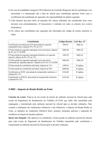 6) No caso de trabalhador categoria=[781] (Ministro de Confissão Religiosa) não há contribuição a ser
descontada e a remuneração não é base de cálculo para contribuição patronal. Neste caso, o
recolhimento da contribuição do segurado é de responsabilidade do próprio segurado.
7) Cabe destacar que para efeito de apuração dos valores tributados são consideradas duas casas
decimais sem arredondamentos. O truncamento é realizado em todos os cálculos dos eventos
totalizadores.
8) Os valores das contribuições dos segurados são informados por código de receita conforme se
segue:
Contribuição Código Receita Cod. Rec. 13º
Contribuição previdenciária (CP) descontada do segurado
empregado/avulso, alíquotas 8%, 9% ou 11%
1082-01 1082-21
CP descontada do segurado empregado rural curto prazo, alíquota
de 8%, lei 11718/2008
1082-02 1082-22
CP descontada do segurado empregado doméstico ou segurado
especial, alíquota de 8%, 9% ou 11%
1082-03 1082-23
CP descontada do segurado empregado rural curto prazo,
contratado por segurado especial - alíquota de 8%, lei 11718/2008
1082-04 1082-24
CP descontada do contribuinte individual, alíquota de 11% 1099-01 N Aplica
CP descontada do contribuinte individual, alíquota de 20% 1099-02 N Aplica
Contribuição ao SEST, descontada do transportador autônomo, à
alíquota de 1,5%
1218-02 N Aplica
Contribuição ao SENAT, descontada do transportador autônomo,
à alíquota de 1,0%
1221-02 N Aplica
S-5002 – Imposto de Renda Retido na Fonte
Conceito do evento: Trata-se de um evento de retorno do ambiente nacional do eSocial para cada
evento de Pagamentos de Rendimentos do Trabalho (S-1210), que tenha sido transmitido pelo
empregador e internalizado pelo ambiente nacional do eSocial após as devidas validações. Nele
constará a totalização dos rendimentos tributáveis e não tributáveis, o Imposto de Renda Retido na
Fonte, as deduções do rendimento tributável bruto, isenções, demandas judiciais e suspensão de
incidência em função de decisões judiciais.
Quem está obrigado: Não aplicável ao contribuinte. Evento gerado no ambiente nacional do eSocial
para cada evento de Pagamento de Rendimentos do Trabalho transmitido pelo contribuinte e
recepcionado no ambiente nacional do eSocial após as devidas validações.
 