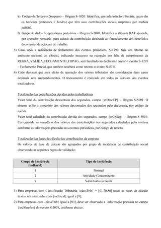 k) Código de Terceiros Suspenso – Origem S-1020: Identifica, em cada lotação tributária, quais são
os terceiros (entidades e fundos) que têm suas contribuições sociais suspensas por medida
judicial.
l) Grupo de dados de operadores portuários – Origem S-1080: Identifica a alíquota RAT ajustada,
por operador portuário, para cálculo da contribuição destinada ao financiamento dos benefícios
decorrentes de acidente de trabalho.
5) Caso, após a solicitação de fechamento dos eventos periódicos, S-1299, haja um retorno do
ambiente nacional do eSocial, indicando insucesso na recepção por falta de cumprimento da
REGRA_VALIDA_FECHAMENTO_FOPAG, será facultado ao declarante enviar o evento S-1295
– Fechamento Parcial, que também receberá como retorno o evento S-5011.
6) Cabe destacar que para efeito de apuração dos valores tributados são consideradas duas casas
decimais sem arredondamentos. O truncamento é realizado em todos os cálculos dos eventos
totalizadores.
Totalização das contribuições devidas pelos trabalhadores
Valor total da contribuição descontada dos segurados, campo {vrDescCP} – Origem S-5001: O
sistema exibe o somatório dos valores descontados dos segurados pelo declarante, por código de
receita.
Valor total calculado da contribuição devida dos segurados, campo {vrCpSeg} – Origem S-5001:
Corresponde ao somatório dos valores das contribuições dos segurados calculados pelo sistema
conforme as informações prestadas nos eventos periódicos, por código de receita.
Totalização das bases de cálculo das contribuições da empresa
Os valores de base de cálculo são agrupados por grupo de incidência de contribuição social
observando as seguintes regras de validação:
Grupo de Incidência
{indIncid}
Tipo de Incidência
1 Normal
2 Atividade Concomitante
9 Substituída ou Isenta
1) Para empresas com Classificação Tributária {classTrib} = [01,70,80] todas as bases de cálculo
devem ser totalizadas com {indIncid} igual a [9];
2) Para empresas com {classTrib} igual a [03], deve ser observada a informação prestada no campo
{indSimples} do evento S-5001, conforme abaixo:
 