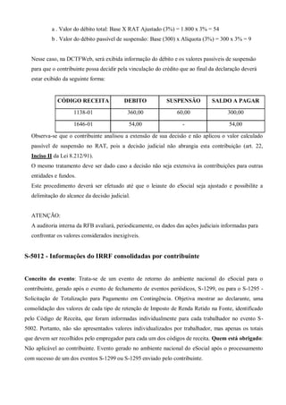 a . Valor do débito total: Base X RAT Ajustado (3%) = 1.800 x 3% = 54
b . Valor do débito passível de suspensão: Base (300) x Alíquota (3%) = 300 x 3% = 9
Nesse caso, na DCTFWeb, será exibida informação do débito e os valores passíveis de suspensão
para que o contribuinte possa decidir pela vinculação do crédito que ao final da declaração deverá
estar exibido da seguinte forma:
CÓDIGO RECEITA DEBITO SUSPENSÃO SALDO A PAGAR
1138-01 360,00 60,00 300,00
1646-01 54,00 - 54,00
Observa-se que o contribuinte analisou a extensão de sua decisão e não aplicou o valor calculado
passível de suspensão no RAT, pois a decisão judicial não abrangia esta contribuição (art. 22,
Inciso II da Lei 8.212/91).
O mesmo tratamento deve ser dado caso a decisão não seja extensiva às contribuições para outras
entidades e fundos.
Este procedimento deverá ser efetuado até que o leiaute do eSocial seja ajustado e possibilite a
delimitação do alcance da decisão judicial.
ATENÇÃO:
A auditoria interna da RFB avaliará, periodicamente, os dados das ações judiciais informadas para
confrontar os valores considerados inexigíveis.
S-5012 - Informações do IRRF consolidadas por contribuinte
Conceito do evento: Trata-se de um evento de retorno do ambiente nacional do eSocial para o
contribuinte, gerado após o evento de fechamento de eventos periódicos, S-1299, ou para o S-1295 -
Solicitação de Totalização para Pagamento em Contingência. Objetiva mostrar ao declarante, uma
consolidação dos valores de cada tipo de retenção de Imposto de Renda Retido na Fonte, identificado
pelo Código de Receita, que foram informadas individualmente para cada trabalhador no evento S-
5002. Portanto, não são apresentados valores individualizados por trabalhador, mas apenas os totais
que devem ser recolhidos pelo empregador para cada um dos códigos de receita. Quem está obrigado:
Não aplicável ao contribuinte. Evento gerado no ambiente nacional do eSocial após o processamento
com sucesso de um dos eventos S-1299 ou S-1295 enviado pelo contribuinte.
 