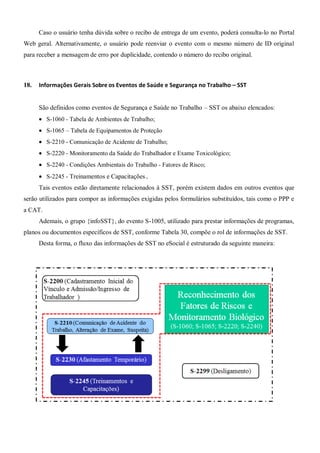 Caso o usuário tenha dúvida sobre o recibo de entrega de um evento, poderá consulta-lo no Portal
Web geral. Alternativamente, o usuário pode reenviar o evento com o mesmo número de ID original
para receber a mensagem de erro por duplicidade, contendo o número do recibo original.
18. Informações Gerais Sobre os Eventos de Saúde e Segurança no Trabalho – SST
São definidos como eventos de Segurança e Saúde no Trabalho – SST os abaixo elencados:
 S-1060 - Tabela de Ambientes de Trabalho;
 S-1065 – Tabela de Equipamentos de Proteção
 S-2210 - Comunicação de Acidente de Trabalho;
 S-2220 - Monitoramento da Saúde do Trabalhador e Exame Toxicológico;
 S-2240 - Condições Ambientais do Trabalho - Fatores de Risco;
 S-2245 - Treinamentos e Capacitações.
Tais eventos estão diretamente relacionados à SST, porém existem dados em outros eventos que
serão utilizados para compor as informações exigidas pelos formulários substituídos, tais como o PPP e
a CAT.
Ademais, o grupo {infoSST}, do evento S-1005, utilizado para prestar informações de programas,
planos ou documentos específicos de SST, conforme Tabela 30, compõe o rol de informações de SST.
Desta forma, o fluxo das informações de SST no eSocial é estruturado da seguinte maneira:
 