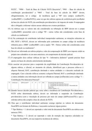 FGTS”, “9904 – Total de Base de Cálculo FGTS Rescisório”, “9901 – Base de cálculo da
contribuição previdenciária” e “9903 - Total da base de cálculo do IRRF” devem,
obrigatoriamente, ter o código de incidência igual a “00” (nos campos {codIncCP},
{codIncIRRF} e {codIncFGTS}), uma vez que são rubricas apenas de conferência pelo recolhedor
da base de cálculo do FGTS, da contribuição previdenciária e do imposto de renda. O empregador
não é obrigado a informar valores nessas rubricas nos eventos periódicos.
15) As rubricas cujo os valores não são considerados na tributação de IRPF devem ter o campo
{codIncIRRF} preenchido com o código "09 - outras verbas não consideradas como base de
cálculo ou rendimento".
15-A) Na contratação de contribuinte individual transportador autônomo, as retenções referentes ao
ISS, SEST e SENAT, devem ser informadas pelo contratante no campo código de incidência
tributária para o IRRF {codIncIRRF} com a opção: “09 - Outras verbas não consideradas como
base de cálculo ou rendimento”.
16) Deverá ser informada em rubrica própria o valor da compensação de IRRF com imposto retido no
próprio ano-calendário ou em anos anteriores, em cumprimento de decisão judicial.
17) O empregador deve utilizar rubricas do tipo “4 - Informativa dedutora” quando precisar fazer
ajustes em bases de cálculos anteriormente declaradas.
18)Ao associar um processo para a suspensão da exigibilidade da Contribuição Previdenciária de
alguma rubrica, o eSocial, no momento do cálculo, identificará que o processo refere-se à
alíquota Patronal, RAT, contribuição destinada a outras entidades e o desconto realizado do
empregado. Caso a decisão refira-se somente à alíquota Patronal, RAT e contribuição destinada
a outras entidades esta informação deverá ser refletida no campo [extDecisão] com o código "1 -
Contribuição Previdenciária Patronal".
57 extDecisao ideProcessoCP E N 1-1 001 - Extensão da Decisão/Sentença:
1 - Contribuição Previdenciária Patronal;
2 - Contribuição Previdenciária Patronal + Descontada dos
Segurados;
Valores Válidos: 1, 2.
19) Quando houver decisão judicial que verse sobre a incidência de Contribuição Previdenciária e
FGTS sobre determinada rubrica, deverá ser informada a suspensão da Contribuição
previdenciária (com a vinculação de processo por meio do campo [ideProcessoCP]) e que a
referida rubrica não compõe a base de cálculo de FGTS.
20) Para que o contribuinte individual autônomo consiga reportar os valores do documento
fiscal/RPA em formato de Rubricas, é necessário esclarecer alguns pontos:
* Tipo Rubrica = 1: deverá ser reportado o valor total do documento fiscal/RPA em rubrica com
natureza 3501;
* Tipo Rubrica = 2: deverá ser reportado o valor de retenção dos impostos calculados no
documento fiscal/RPA, em sua respectiva incidencia de rubrica;
 
