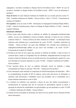 empregados e servidores vinculados ao Regime Geral de Previdência Social - RGPS. No caso de
servidores vinculados ao Regime Próprio de Previdência Social - RPPS o envio da informação é
facultativo.
Prazo de Envio: O evento Tabela de Ambientes de Trabalho deve ser enviado antes dos eventos “S-
2240 – Condições Ambientais do Trabalho – Fatores de Risco - Início” e “S-2210 – Comunicação de
Acidente de Trabalho)”.
Pré-requisitos: envio do evento S-1000 – Informações do Empregador/Contribuinte/Órgão Público,
S-1005 – Tabela de Estabelecimentos, Obras ou Unidades de Órgãos Públicos e S-1020 – Tabela de
Lotações Tributárias.
Informações adicionais:
1) Neste evento serão descritos todos os ambientes de trabalho do empregador/contribuinte/órgão
público, em que seus trabalhadores exerçam atividades, indicando os fatores de risco existentes
conforme Tabela 23 – “Fatores de Riscos do Meio Ambiente do Trabalho”. As informações desses
ambientes serão utilizadas para o preenchimento do evento “S-2240 – Condições Ambientais de
Trabalho – Fatores de Risco” nos quais cada trabalhador será vinculado ao(s) ambiente(s) do
empregador/contribuinte/órgão público em que exerce suas atividades e do evento “S-2210 –
Comunicação de Acidente de Trabalho”.
2) Entende-se por fator de risco aquele que, presente no ambiente de trabalho, é capaz de trazer ou
ocasionar danos à saúde ou à integridade física do trabalhador. Independentemente de atingir nível
de ação ou limite de tolerância, deverá ser incluído nesta fase. Sua quantificação, quando for o caso,
será informada em momento específico no evento “S-2240 – Condições Ambientais de Trabalho –
Fatores de Risco”.
3) Caso inexistam fatores de risco no ambiente informado, deverá ser atribuído o código
correspondente da Tabela 23, qual seja, “09.01.001 – Ausência de Fator de Risco”.
4) Estas informações serão utilizadas na composição do Perfil Profissiográfico Previdenciário – PPP e
no acompanhamento da gestão de SST da empresa, motivo pelo qual devem ser informados os
ambientes onde efetivamente o trabalhador exerce suas atividades, não se confundindo com a
lotação tributária informada no evento S-1020.
5) A existência de ambientes com exposição a fatores de risco não implica necessariamente o
reconhecimento de exposição para fins de concessão de aposentadoria especial ou direito à
percepção do adicional de insalubridade e/ou periculosidade, que será declarado no evento “S-2240
– Condições Ambientais de Trabalho – Fatores de Risco”.
6) Somente haverá necessidade de atualização dos fatores de risco quando houver alteração/exclusão
destas informações.
 