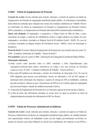 S-1065 – Tabela de Equipamentos de Proteção
Conceito do evento: Evento utilizado para inclusão, alteração e exclusão de registros na Tabela de
Equipamentos de Proteção do empregador/contribuinte/órgão público. As informações consolidadas
desta tabela são utilizadas para validação dos eventos de Condições Ambientais do Trabalho. Devem
ser informados na Tabela de Equipamentos de Proteção os Equipamentos de Proteção Coletiva
(EPCs) instalados e os Equipamentos de Proteção Individual (EPIs) utilizados pelos trabalhadores.
Quem está obrigado: O empregador, a cooperativa, o Órgão Gestor de Mão de Obra, a parte
concedente de estágio, o sindicato de trabalhadores avulsos e órgãos públicos em relação aos seus
empregados e servidores vinculados ao Regime Geral de Previdência Social - RGPS. No caso de
servidores vinculados ao Regime Próprio de Previdência Social - RPPS o envio da informação é
facultativo.
Prazo de Envio: O evento Tabela de Equipamentos de Proteção deve ser enviado antes do evento “S-
2240 – Condições Ambientais do Trabalho – Fatores de Risco”.
Pré-requisitos: envio do evento S-1000 – Informações do Empregador/Contribuinte/Órgão Público.
Informações adicionais:
1) Neste evento serão descritos todos os EPCs instalados e EPIs disponibilizados pelo
empregador/contribuinte/órgão público, atribuindo-se um código a eles, para prestação da informação
exigida no evento “S-2240 – Condições Ambientais de Trabalho – Fatores de Risco”.
2) Para cada EPI também será informado o número do Certificado de Aprovação (CA). No caso de
EPIs adaptados para pessoas com deficiência, deverá ser informado o CA do EPI original. A
declaração desta informação não dispensa o registro de entrega do EPI ao trabalhador, conforme
previsão normativa. Destaca-se que o fornecimento de EPI deve ser a última opção do empregador,
que deverá privilegiar a adoção de medidas de proteção coletiva.
3) A descrição do Equipamento de Proteção deve ser feita pela empresa de forma sucinta e objetiva.
4) A data de início das informações prestadas no evento deve ser igual ou posterior ao início da
obrigatoriedade de prestação das informações de SST no eSocial.
S-1070 – Tabela de Processos Administrativos/Judiciais
Conceito do evento: evento utilizado para inclusão, alteração e exclusão de registros na Tabela de
Processos Administrativos/Judiciais do empregador/contribuinte/órgão público, de entidade patronal
com representação coletiva, de trabalhador contra um dos órgãos governamentais envolvidos no
projeto do eSocial e que tenha influência no cálculo das contribuições, dos impostos ou do FGTS, e
 