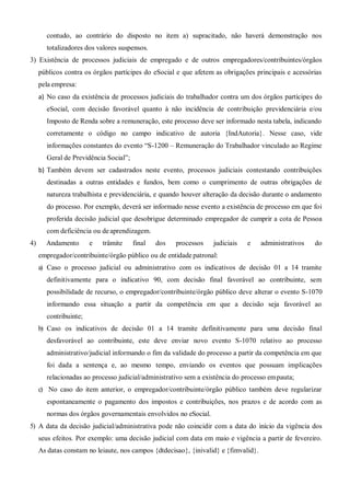 contudo, ao contrário do disposto no item a) supracitado, não haverá demonstração nos
totalizadores dos valores suspensos.
3) Existência de processos judiciais de empregado e de outros empregadores/contribuintes/órgãos
públicos contra os órgãos partícipes do eSocial e que afetem as obrigações principais e acessórias
pela empresa:
a) No caso da existência de processos judiciais do trabalhador contra um dos órgãos partícipes do
eSocial, com decisão favorável quanto à não incidência de contribuição previdenciária e/ou
Imposto de Renda sobre a remuneração, este processo deve ser informado nesta tabela, indicando
corretamente o código no campo indicativo de autoria {IndAutoria}. Nesse caso, vide
informações constantes do evento “S-1200 – Remuneração do Trabalhador vinculado ao Regime
Geral de Previdência Social”;
b) Também devem ser cadastrados neste evento, processos judiciais contestando contribuições
destinadas a outras entidades e fundos, bem como o cumprimento de outras obrigações de
natureza trabalhista e previdenciária, e quando houver alteração da decisão durante o andamento
do processo. Por exemplo, deverá ser informado nesse evento a existência de processo em que foi
proferida decisão judicial que desobrigue determinado empregador de cumprir a cota de Pessoa
com deficiência ou deaprendizagem.
4) Andamento e trâmite final dos processos judiciais e administrativos do
empregador/contribuinte/órgão público ou de entidade patronal:
a) Caso o processo judicial ou administrativo com os indicativos de decisão 01 a 14 tramite
definitivamente para o indicativo 90, com decisão final favorável ao contribuinte, sem
possibilidade de recurso, o empregador/contribuinte/órgão público deve alterar o evento S-1070
informando essa situação a partir da competência em que a decisão seja favorável ao
contribuinte;
b) Caso os indicativos de decisão 01 a 14 tramite definitivamente para uma decisão final
desfavorável ao contribuinte, este deve enviar novo evento S-1070 relativo ao processo
administrativo/judicial informando o fim da validade do processo a partir da competência em que
foi dada a sentença e, ao mesmo tempo, enviando os eventos que possuam implicações
relacionadas ao processo judicial/administrativo sem a existência do processo empauta;
c) No caso do item anterior, o empregador/contribuinte/órgão público também deve regularizar
espontaneamente o pagamento dos impostos e contribuições, nos prazos e de acordo com as
normas dos órgãos governamentais envolvidos no eSocial.
5) A data da decisão judicial/administrativa pode não coincidir com a data do início da vigência dos
seus efeitos. Por exemplo: uma decisão judicial com data em maio e vigência a partir de fevereiro.
As datas constam no leiaute, nos campos {dtdecisao}, {inivalid} e {fimvalid}.
 