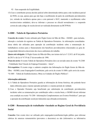92 – Sem suspensão da Exigibilidade.
13) Caso o contribuinte possua decisão judicial sobre determinada rubrica para a não incidência parcial
de INSS, ou seja, apenas para que não haja o recolhimento de parte da contribuição previdenciária
(ex: retirada da incidência apenas para a cota patronal e RAT, mantendo o recolhimento sobre
terceiros/outras entidades), deve-se informar o processo no eSocial normalmente e a suspensão
correta de cada código de receita deverá ser realizada diretamente na DCTFWeb.
S-1080 – Tabela de Operadores Portuários
Conceito do evento: Evento utilizado pelo Órgão Gestor de Mão de Obra – OGMO - para inclusão,
alteração e exclusão de registros na Tabela de Operadores Portuários. As informações consolidadas
dessa tabela são utilizadas para apuração da contribuição incidente sobre a remuneração de
trabalhadores avulsos para o financiamento dos benefícios previdenciários relacionados ao grau de
incapacidade laborativa decorrente dos riscos ambientais do trabalho.
Quem está obrigado: O Órgão Gestor de Mão-de-Obra, nos termos da Lei nº 12.815, de 05 de junho
de 2013 e da Lei nº 9.719 de 27 de novembro de 1998.
Prazo de envio: O evento Tabela de Operadores Portuários deve ser enviado antes do evento “S-2300
- Trabalhador Sem Vínculo de Emprego/Estatutário – Início”.
Pré-requisitos: O evento exige o cadastro completo das Informações do Órgão Gestor de Mão-de-
Obra – OGMO, como Empregador/Contribuinte, pelo envio do evento S-1000 e pelo envio do evento
“S-1005 – Tabela de Estabelecimentos, Obras ou Unidades de Órgãos Públicos”.
Informações adicionais:
1) A Tabela de Operadores Portuários guarda as informações de forma histórica, não podendo haver
dados diferentes para o mesmo operador portuário e o mesmo período de validade.
2) Caso o Operador Portuário seja beneficiado por substituição da contribuição previdenciária
incidente sobre as remunerações por contribuição sobre a receita bruta, o OGMO deverá informar
essa condição no evento “S-1280 - Informações Complementares aos Eventos Periódicos”, para que
a apuração da contribuição social previdenciária seja efetuada corretamente.
S-1200 – Remuneração de trabalhador vinculado ao Regime Geral de Previdência
Social
Conceito: Este evento deve ser utilizado pelo empregador/contribuinte/órgão público para informar
rubricas de natureza remuneratória (proventos e descontos) ou não (informativa ou informativa
 
