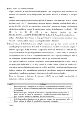 8) Esse evento não deve ser informado:
a) pelo contratante do trabalhador avulso não portuário , pois o responsável pelas informações é o
sindicato do trabalhador avulso não portuário. No caso de portuário, a informação é feita pelo
OGMO;
b) para o segurado empregado desligado no período de apuração, pois, neste caso, deve ser enviado
apenas o evento “S-2299 – Desligamento”, salvo nas seguintes situações, quando serão enviados os
eventos S-2299 e o S-1200 (no caso de haver remuneração), quais sejam, quando o desligamento
não implicar rescisão do contrato de trabalho pelos motivos de desligamento {mtvDeslig} = [11,
12, 13, 25, 28, 29, 30]) e nas situações previstas na regra
REGRA_REMUN_JA_EXISTE_DESLIGAMENTO da Tabela de Regras do leiaute do eSocial.; e
c) Para o Trabalhador Sem Vínculo de Emprego/Estatutário, com remuneração lançada no evento
“S-2399 – Trabalhador Sem Vínculo de Emprego/Estatutário - Término”.
9) Em se tratando de trabalhadores com múltiplos vínculos, para que haja a correta apuração da
contribuição previdenciária a ser descontada do trabalhador, no caso deste possuir outras relações de
trabalho, regidas pelo RGPS, na mesma competência, devem ser informados o CNPJ/CPF do(s)
outro(s) contratante(s) e a(s) correspondente(s) remuneração(ões). Como o salário de contribuição
do segurado é a soma de todos os valores recebidos no mês, caso o segurado trabalhe para mais de
um empregador, seu salário de contribuição é a soma do que recebe de cada um deles.
Se o segurado empregado, inclusive o doméstico e o trabalhador avulso prestar serviços a mais de
um empregador/órgão público, ele deve comunicar a todos eles os valores das remunerações
recebidas e das contribuições descontadas, de modo a possibilitar a aplicação da alíquota correta
(alíquota incidente sobre a totalidade da remuneração recebida pelo segurado na competência, em
todas as fontes pagadoras, respeitando o limite máximo do salário de contribuição).
Deve ser informado o indicador de desconto {indMV} da contribuição previdenciária do
trabalhador, conforme tabela abaixo:
indMV Definição
1
O declarante aplica a alíquota de desconto do segurado sobre a remuneração por ele
informada (o percentual da alíquota será obtido considerando a remuneração total do
trabalhador)
2
O declarante aplica a alíquota de desconto do segurado sobre a diferença entre o
limite máximo do salário de contribuição e a remuneração de outra(s) empresa(s)
para as quais o trabalhador informou que houve o desconto
3
O declarante não realiza desconto do segurado, uma vez que houve desconto sobre o
limite máximo de salário de contribuição em outra(s) empresa(s).
Notas:
 