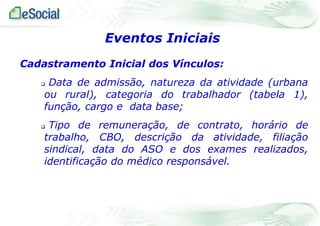 Cadastramento Inicial dos Vínculos:
 Data de admissão, natureza da atividade (urbana
ou rural), categoria do trabalhador (tabela 1),
função, cargo e data base;
 Tipo de remuneração, de contrato, horário de
trabalho, CBO, descrição da atividade, filiação
sindical, data do ASO e dos exames realizados,
identificação do médico responsável.
Eventos Iniciais
 