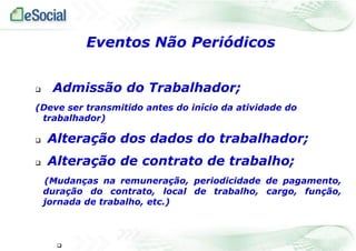  Admissão do Trabalhador;
(Deve ser transmitido antes do início da atividade do
trabalhador)
 Alteração dos dados do trabalhador;
 Alteração de contrato de trabalho;
(Mudanças na remuneração, periodicidade de pagamento,
duração do contrato, local de trabalho, cargo, função,
jornada de trabalho, etc.)

Eventos Não Periódicos
 