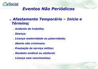  Afastamento Temporário – Inicio e
Término;
 Acidente do trabalho;
 Doença;
 Licença maternidade ou paternidade;
 Aborto não criminoso;
 Prestação de serviço militar;
 Mandato sindical ou eleitoral;
 Licença sem vencimentos;
Eventos Não Periódicos
 
