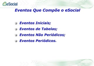  Eventos Iniciais;
 Eventos de Tabelas;
 Eventos Não Periódicos;
 Eventos Periódicos.
Eventos Que Compõe o eSocial
 