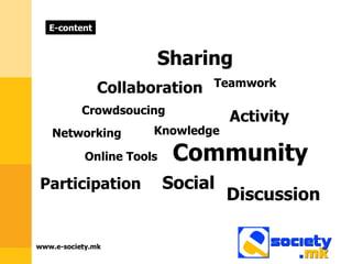 www.e-society.mk Sharing Collaboration  Knowledge  Participation  Crowdsoucing  Discussion  Activity  Teamwork  Networking Social Community Online Tools  E-content 