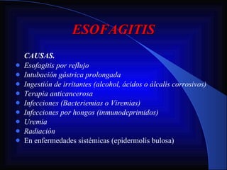 ESOFAGITIS CAUSAS. Esofagitis por reflujo Intubación gástrica prolongada Ingestión de irritantes (alcohol, ácidos o álcalis corrosivos) Terapia anticancerosa Infecciones (Bacteriemias o Viremias) Infecciones por hongos (inmunodeprimidos) Uremia Radiación En enfermedades sistémicas (epidermolis bulosa) 
