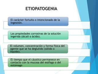 El carácter fortuito o intencionado de la
ingestión.
Las propiedades corrosivas de la solución
ingerida (álcali o ácido).
El volumen, concentración y forma física del
agente que se ha deglutido (sólido o
líquido).
El tiempo que el cáustico permanece en
contacto con la mucosa del esófago o del
estómago
 