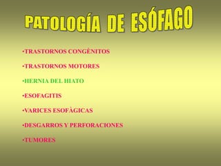 •TRASTORNOS CONGÈNITOS
•TRASTORNOS MOTORES
•HERNIA DEL HIATO
•ESOFAGITIS
•VARICES ESOFÀGICAS
•DESGARROS Y PERFORACIONES
•TUMORES
 