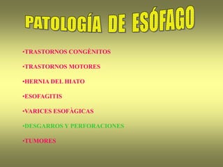 •TRASTORNOS CONGÈNITOS
•TRASTORNOS MOTORES
•HERNIA DEL HIATO
•ESOFAGITIS
•VARICES ESOFÀGICAS
•DESGARROS Y PERFORACIONES
•TUMORES
 