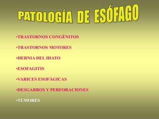 •TRASTORNOS CONGÈNITOS
•TRASTORNOS MOTORES
•HERNIA DEL HIATO
•ESOFAGITIS
•VARICES ESOFÀGICAS
•DESGARROS Y PERFORACIONES
•TUMORES
 