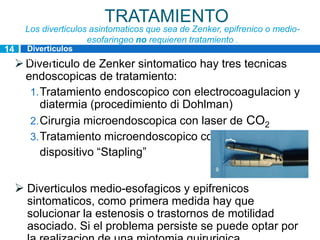 TRATAMIENTO
       Los diverticulos asintomaticos que sea de Zenker, epifrenico o medio-
                       esofaringeo no requieren tratamiento .
14     Diverticulos
       esofagicos
      Diverticulo de Zenker sintomatico hay tres tecnicas
       endoscopicas de tratamiento:
        1. Tratamiento endoscopico con electrocoagulacion y
           diatermia (procedimiento di Dohlman)
        2. Cirurgia microendoscopica con laser de CO2
        3. Tratamiento microendoscopico con
           dispositivo “Stapling”


      Diverticulos medio-esofagicos y epifrenicos
       sintomaticos, como primera medida hay que
       solucionar la estenosis o trastornos de motilidad
       asociado. Si el problema persiste se puede optar por
 