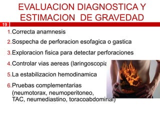EVALUACION DIAGNOSTICA Y
         ESTIMACION DE GRAVEDAD
19
     1. Correcta anamnesis
     2. Sospecha de perforacion esofagica o gastica

     3. Exploracion fisica para detectar perforaciones

     4. Controlar vias aereas (laringoscopia)

     5. La estabilizacion hemodinamica

     6. Pruebas complementarias
      (neumotorax, neumoperitoneo,
      TAC, neumediastino, toracoabdominal)
 