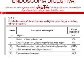 ENDOSCOPIA DIGESTIVA
                                    ALTA 24-48 horas.
     Cuando no existe perforacion la exploracion de eleccion es la endoscopia
                    digestiva alta en las primera
21
 